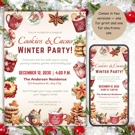 Cozy Winter Party Invitation | Hot Chocolate & Cookies Theme | Holiday Editable Template