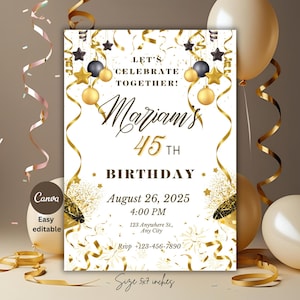 Conjunto de convites elegantes para aniversário | Modelo para impressão em preto e dourado | 2 tamanhos + formato para celular | Download digital | Design exclusivo para convite de festa