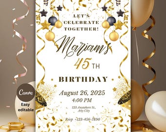 Invitación de cumpleaños en negro y dorado / Diseño elegante para fiesta (Descarga digital)