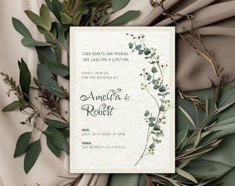 May include: Wedding invitation with the names Amelia & Robert in elegant script. The invitation features a floral design with eucalyptus leaves and the text "Two hearts one promise, one love for a lifetime." The date is July 27th, 2025, at 6 PM, at The Beverly Hills Hotel.