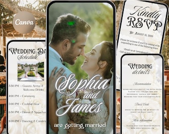 Puede incluir: Diseño de invitación de boda animada con los nombres "Sophia and James" y la frase "are getting married". El diseño incluye detalles de RSVP, información de la boda y un horario. El logotipo de Canva es visible.