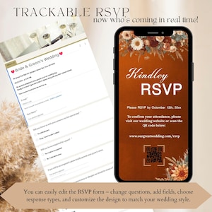 May include: A smartphone displays a wedding RSVP with floral accents and the text "Kindley RSVP." A paper RSVP form is visible. The text reads "Trackable RSVP" and "Bride & Groom's Wedding."
