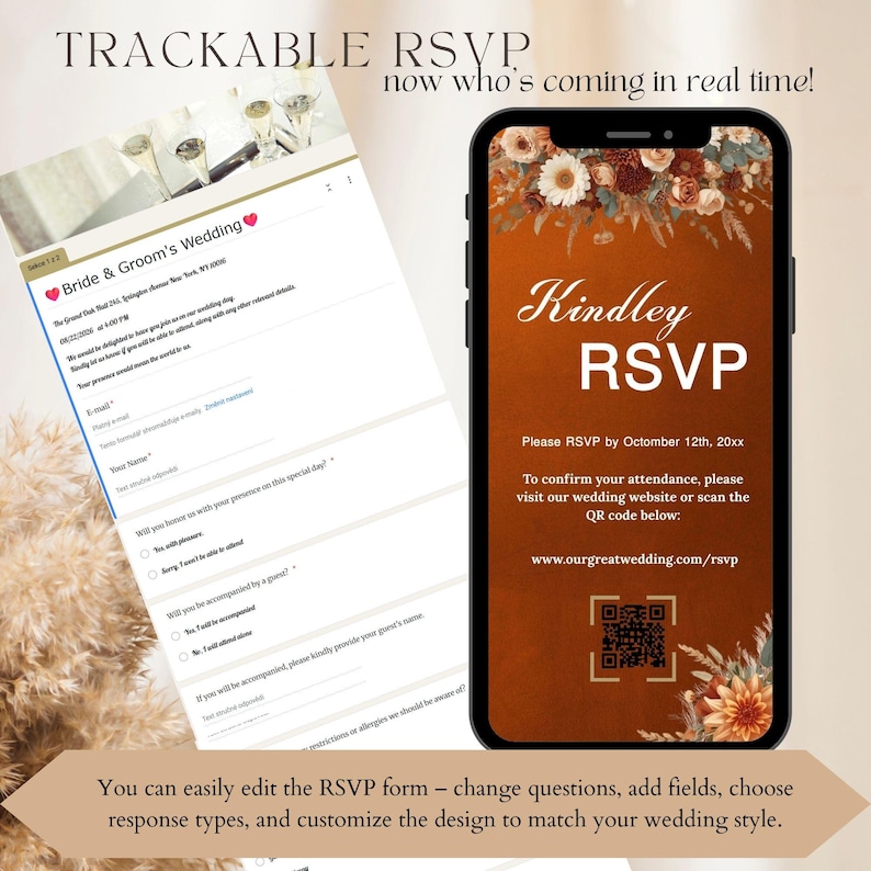 May include: A smartphone displays a wedding RSVP with floral accents and the text "Kindley RSVP." A paper RSVP form is visible. The text reads "Trackable RSVP" and "Bride & Groom's Wedding."