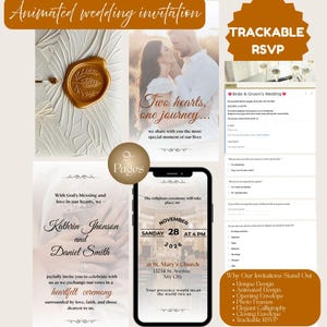 May include: An animated wedding invitation design with a gold wax seal, a photo of a couple, and a smartphone displaying event details. The invitation includes RSVP information and highlights unique features.