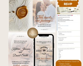 May include: An animated wedding invitation design with a gold wax seal, a photo of a couple, and a smartphone displaying event details. The invitation includes RSVP information and highlights unique features.