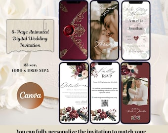 May include: A digital wedding invitation displayed on smartphones. The design features burgundy and gold accents, floral arrangements, and the text "You and Forever." The invitation includes details, RSVP information, and the names Amelia and Jonathan.