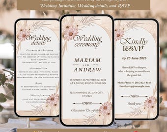 Boho Floral Wedding E-Invite: Editable Digital Template (Phone Version, Instant Download, PDF/JPG/ Format)