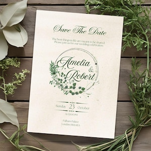 Elegante invitación para guardar la fecha con vegetación • Diseño simple de corona de vegetación • Plantilla de boda botánica • Diseño rústico minimalista