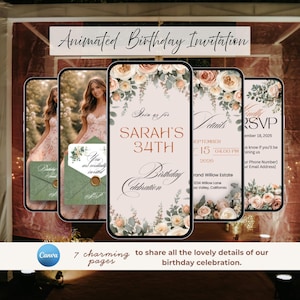 Puede incluir: Invitación de cumpleaños animada mostrada en smartphones. El diseño presenta arreglos florales, fuentes elegantes y el texto "34 cumpleaños de Sarah". Detalles adicionales incluyen fecha, hora e información de RSVP.