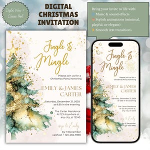 Könnte beinhalten: Digitale Weihnachtseinladung mit einem Aquarell-Weihnachtsbaum-Design. Die Einladung enthält einen goldenen Text mit der Aufschrift "Jingle & Mingle" und enthält Eventdetails. Ein Smartphone zeigt die gleiche Einladung an.