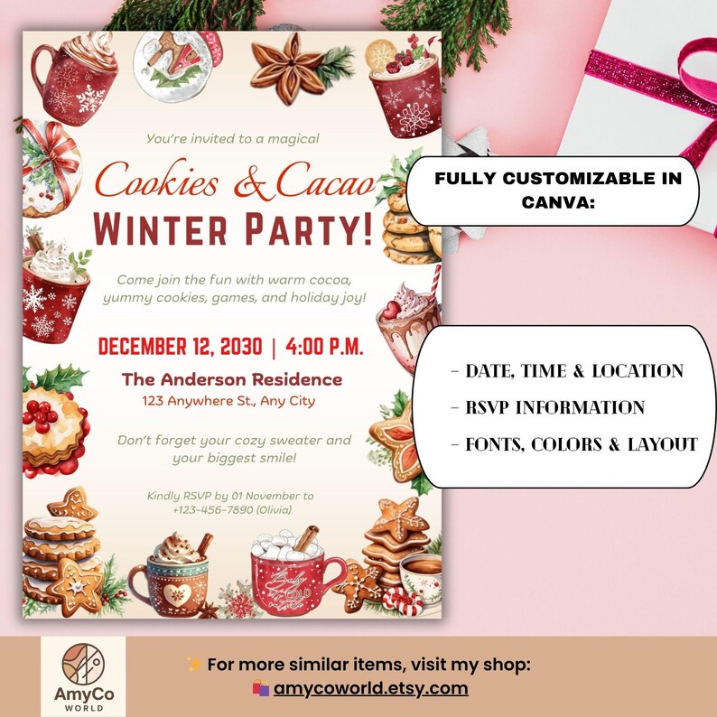 K&ouml;nnte beinhalten: Festliche Einladung zu einer Cookies & Cacao Winterparty mit Aquarellillustrationen von Keksen, Kakao und Weihnachtsdekorationen. Die Einladung enth&auml;lt Datum, Uhrzeit, Ort und RSVP-Informationen. Vollst&auml;ndig anpassbar in Canva.