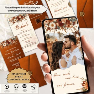 May include: A smartphone displays a wedding photo with text "Two souls, one love, one forever." Wedding invitation cards with floral designs and details are in the background. The text "Make your event unforgettable" is also visible.