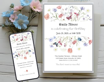 May include: A digital birthday invitation featuring floral watercolor designs. The invitation includes the text "Emily Rivers is celebrating her Birthday July 25, 2025, at 5:00 PM." A smartphone displays the same invitation. The words "Edit in your language and send it today" are at the bottom.