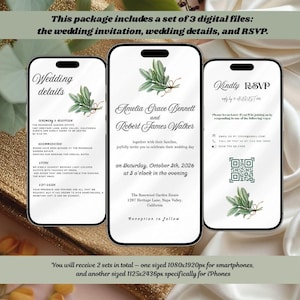 Puede incluir: Conjunto de invitaciones de boda digitales que se muestran en tres pantallas de teléfonos inteligentes. El conjunto incluye una invitación, detalles de la boda e información de RSVP. El diseño presenta acentos botánicos y detalles del evento.