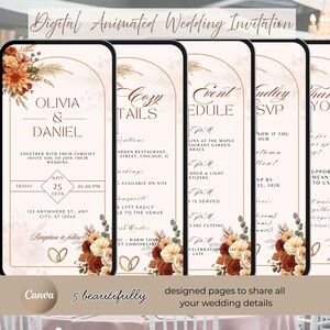 Könnte beinhalten: Digitale, animierte Hochzeitseinladung auf fünf Smartphone-Bildschirmen. Jeder Bildschirm zeigt Blumenarrangements, Veranstaltungsdetails und die Namen Olivia & Daniel. Das Design beinhaltet Datum, Uhrzeit und Ort.