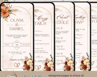 May include: Digital animated wedding invitation displayed on five smartphone screens. Each screen features floral arrangements, event details, and the names Olivia & Daniel. The design includes the date, time, and location.