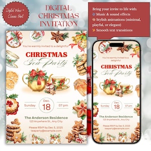 Könnte beinhalten: Digitale Weihnachtseinladung mit Aquarellillustrationen von Teetassen, Keksen und einer Teekanne. Die Einladung enthält den Text "Christmas Tea Party" und Veranstaltungsdetails. Ein Smartphone zeigt die Einladung.