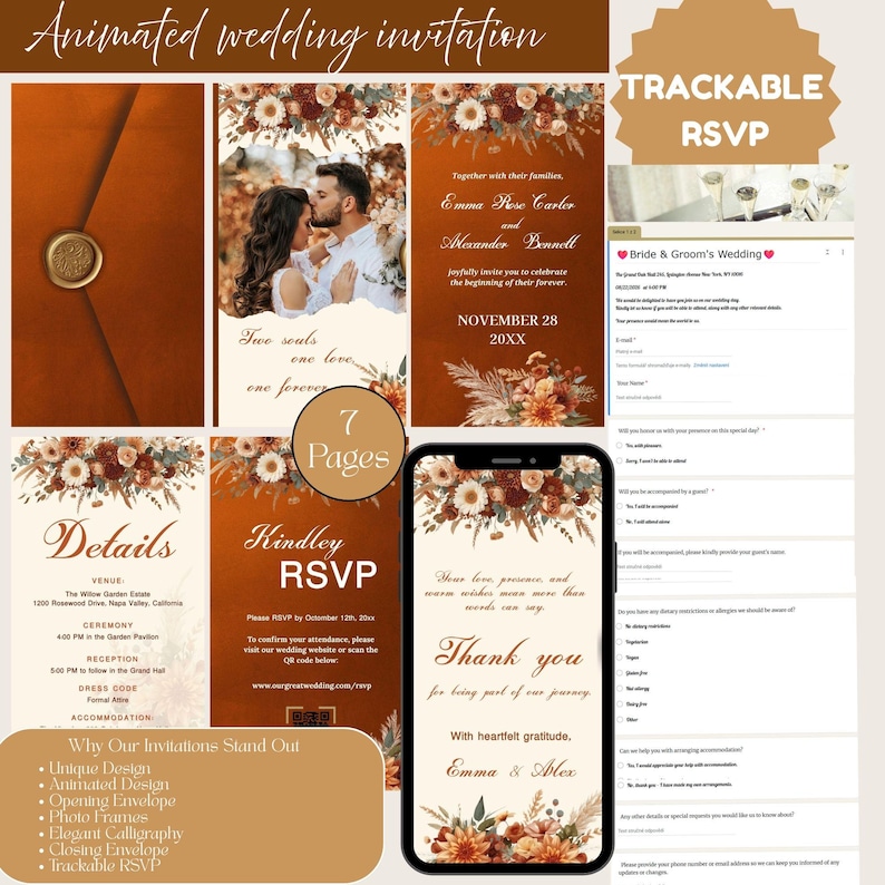 May include: Animated wedding invitation suite in shades of brown and orange, featuring floral accents and a photo of a couple. Includes details, RSVP, and thank you cards, plus a digital RSVP form. The invitation suite is designed for a wedding.