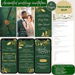 Könnte beinhalten: Animierte Hochzeitseinladung mit dunkelgrünem und goldenem Design. Die Einladung enthält Details für die Zeremonie und den Empfang, RSVP-Informationen und einen Fotorahmen. Die Einladung ist nachverfolgbar und hat 8 Seiten.