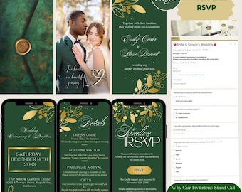 Animated Wedding Invitation Green & Gold • Elegant Digital Invite with Opening Envelope, RSVP Online