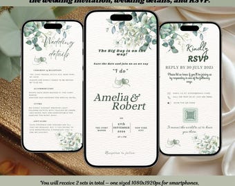 Greenery Bliss-bruiloftbundel | Digitale Save the Date | Eenvoudige botanische uitnodiging | Eucalyptusontwerp | Bewerkbare sjabloon