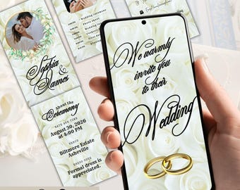May include: A smartphone displaying a wedding invitation with a floral background and gold rings. The invitation includes the text "We warmly invite you to their Wedding." Additional wedding details are visible on cards.