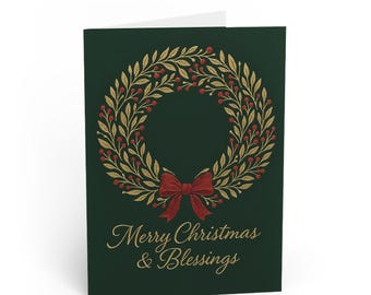 Tarjeta clásica de corona navideña con Feliz Navidad y bendiciones