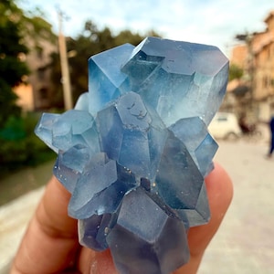 May include: A cluster of blue crystals with a geometric structure. The crystals have a translucent quality, with varying shades of blue. The image is taken outdoors, with a blurred background of trees and buildings.