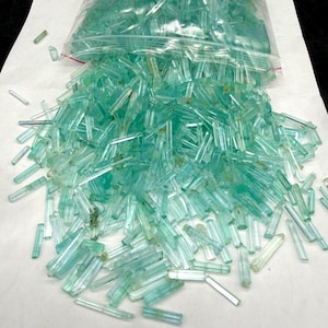 May include: A clear plastic bag overflowing with numerous small, light blue-green, elongated crystal fragments. The crystals are scattered across a white surface, creating a textured appearance. The crystals vary slightly in color and size.