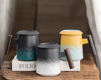 Ensemble de tasses à infusion japonaises faites main en céramique | Tasse minimaliste en grès avec manche en bois | Cadeau tasse à infusion de thé en vrac