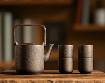 Japanese Ceramic Teapot Set: Handmade Coarse Pottery with Wooden Handle