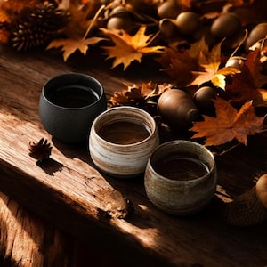 Puede incluir: Tres pequeñas tazas de té de cerámica llenas de té se encuentran sobre una superficie de madera, rodeadas de hojas de otoño y bellotas. Una taza es negra, otra a rayas blancas y marrones, y la tercera es marrón moteado. La escena evoca calidez.