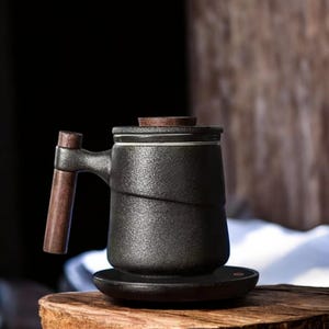 Japanese Ceramic Tea Steeping Mug | Handmade Loose Leaf Infuser Cup with Wooden Handle | Elegant Rustic Tea Mug for Daily Use or Gift