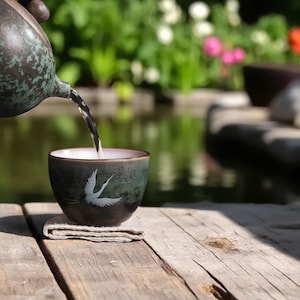 Japanese Style Ceramic Tea Cup | Handmade Pottery Mug with Mystic Crane Design | Rustic Porcelain Drinkware for Tea, Coffee, or Infusion