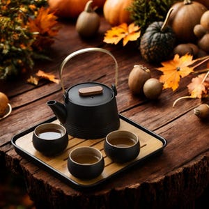 Op de afbeelding: Een zwarte gietijzeren theepot met een gouden handvat en houten deksel, vergezeld van drie zwarte theekopjes met gouden randen, gerangschikt op een bamboe dienblad. De scène speelt zich af op een houten oppervlak met pompoenen en herfstbladeren.