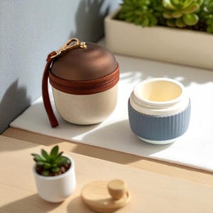 May include: A brown and beige acorn-shaped container with a brown zipper and a gold-colored clasp. A blue and white container with a ribbed blue band is next to it. A small succulent plant in a white pot is also visible.