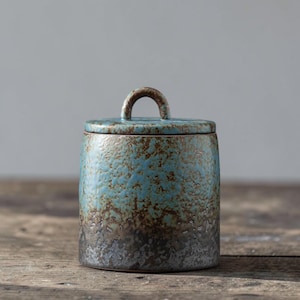 May include: A ceramic jar with a lid, featuring a textured surface and a handle. The jar transitions from a dark grey base to a turquoise blue body with brown accents. The lid has a matching turquoise blue color and a small, arched handle.