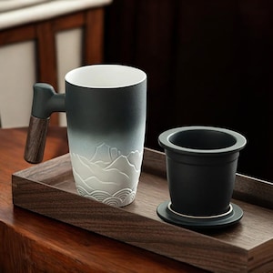 Handmade Ceramic Tea Mug with Infuser and Lid: Japanese Rustic Pottery