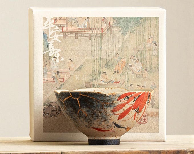 Handmade Japanese Ceramic Tea Cup | Wabi-Sabi Kintsugi Style Pottery Bowl with Red Floral Design | Unique Artisan Gift for Tea Lovers