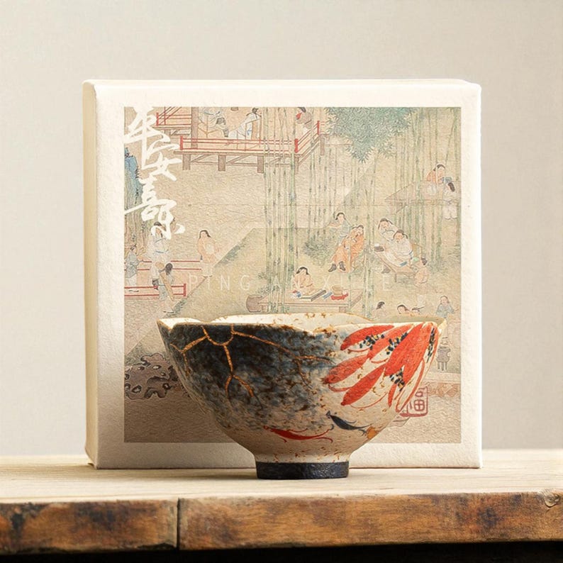Tasse à thé japonaise en céramique faite main | Bol en poterie de style wabi-sabi kintsugi avec motif floral rouge | Cadeau artisanal unique pour les amateurs de thé image 1