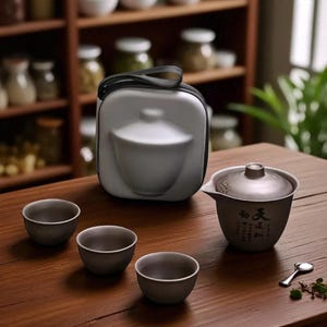 Portable Japanese Ceramic Kungfu Tea Set – Gradient Travel Teapot with 3 Cups | Compact Chinese Tea Set | Gift for Tea Lovers & Time Ritual