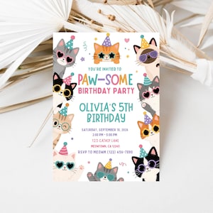 Cat Birthday Invite, 5x7 Editable Canva Template with Party Cat Design