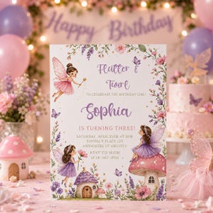 Fee-Geburtstagseinladung, Flutter Twirl Gartenparty, bearbeitbare Canva-Vorlage (Digitaler Download)