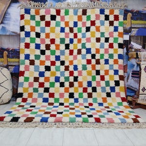 Colorful Moroccan checkered rug,Handmade area rug, Genuine checkered rug for living room, Berber Beni Ourain wool rug, Custom area rug.