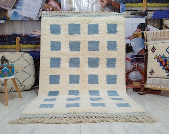 Handmade Beni Ourain Wool Rug: Blue and White Checkered Moroccan Rug (4x6 ft)