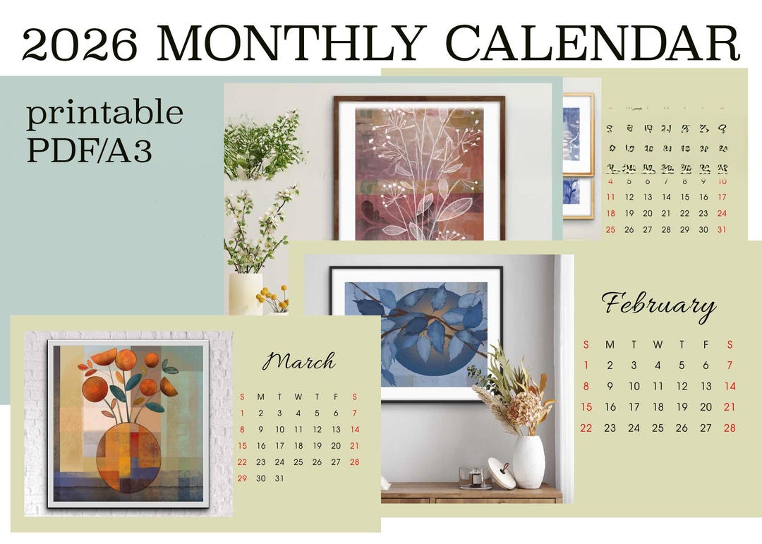 2026 Printable Wall Calendar, Monthly With Abstract Botanical Art ...