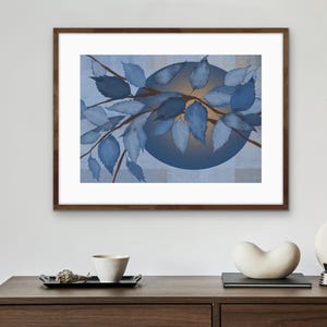 Blaue botanische Wandkunst, abstrakte Blattillustration, modernes Naturdekor, digitaler Download