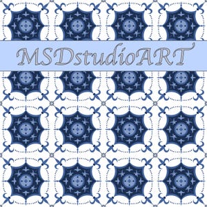 Könnte beinhalten: Ein sich wiederholendes Muster aus blau-weißen floralen Designs. Das Design zeigt eine zentrale sternartige Form, umgeben von aufwendigen Details. Der Text "MSDstudioART" wird auf einem hellblauen Banner oben im Bild angezeigt.