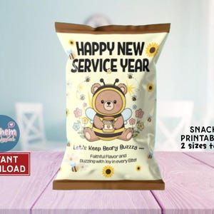 Adesivo stampabile per il nuovo anno di servizio, sacchetto di patatine, biglietto di auguri, pacchetto digitale Beary Buzzzy Bee Bear JW, regali JW per l&#39;anno di servizio 2025-2026