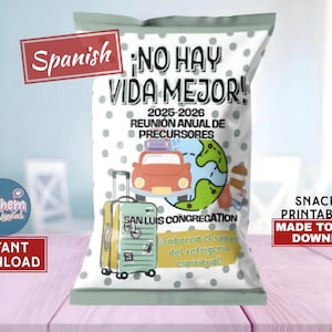 May include: A snack bag design with the text "NO HAY VIDA MEJOR!" and "2025-2026 REUNIÓN ANUAL DE PRECURSORES". The design includes a car, a suitcase, and a globe. The bag also has the text "SAN LUIS CONGREGATION".